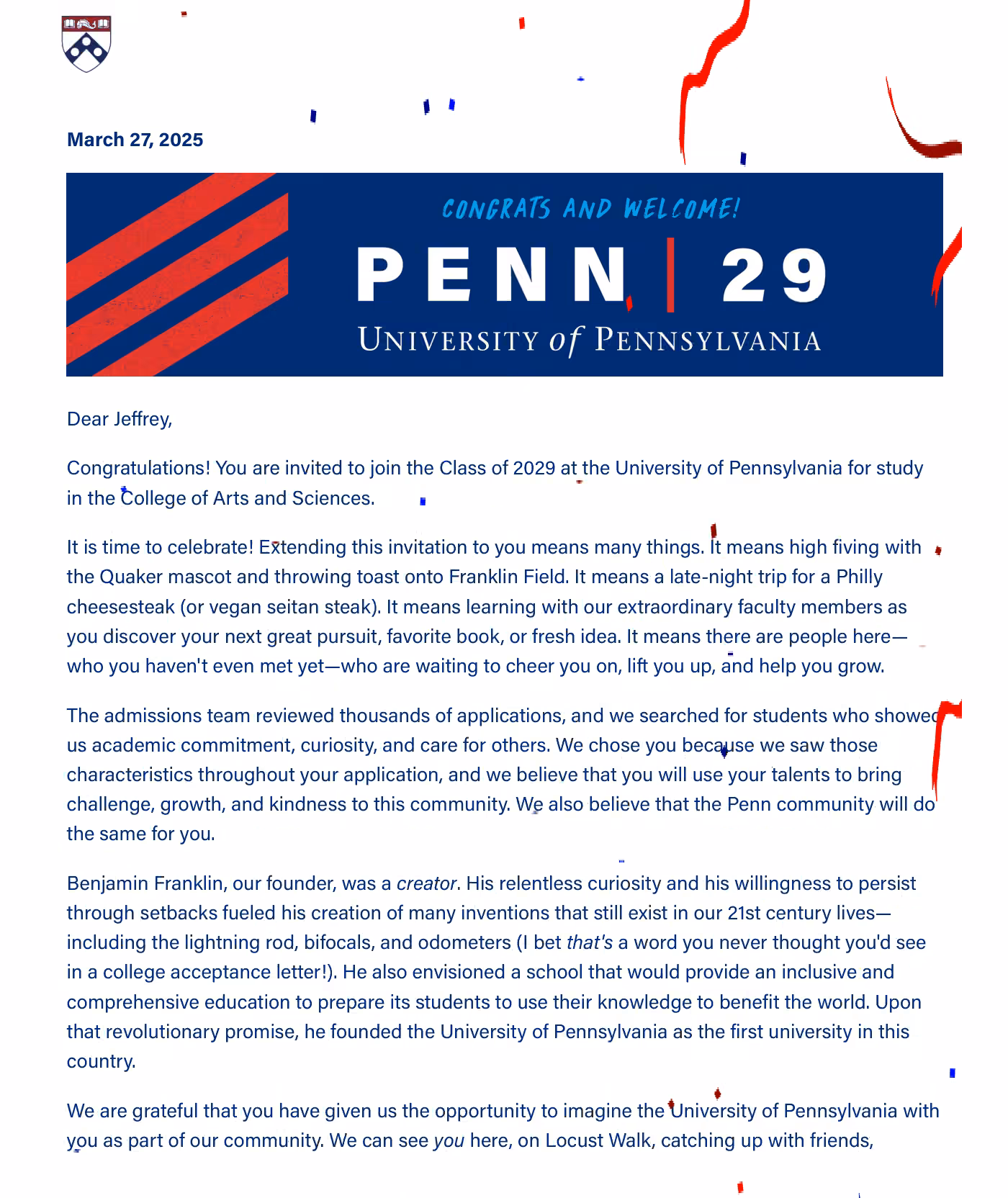 Jeffrey’s University of Pennsylvania admission letter · Class of 2029