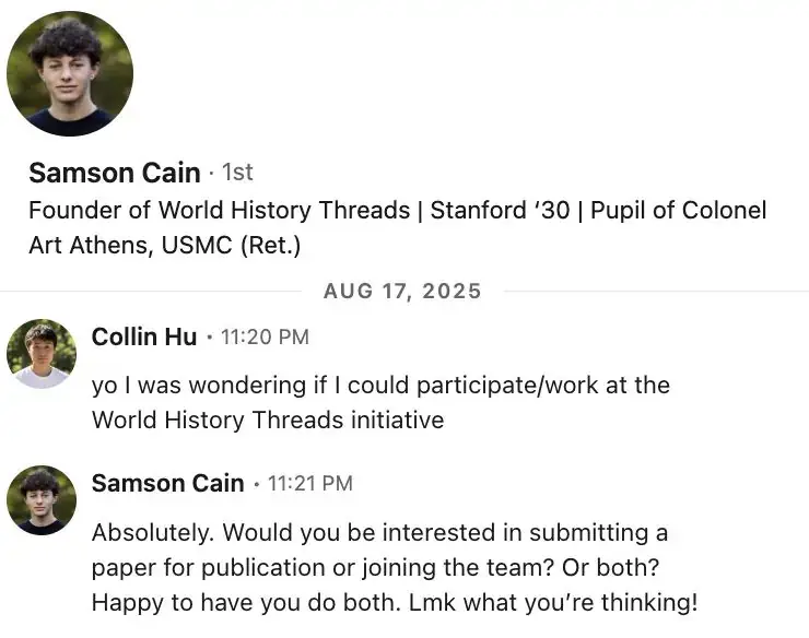 Collin networking with a Stanford student on LinkedIn