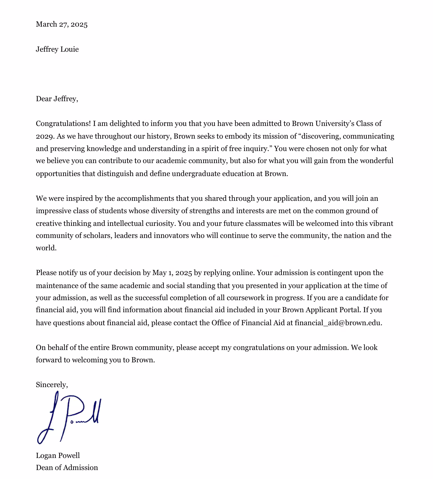 Jeffrey’s Brown University admission letter · Class of 2029