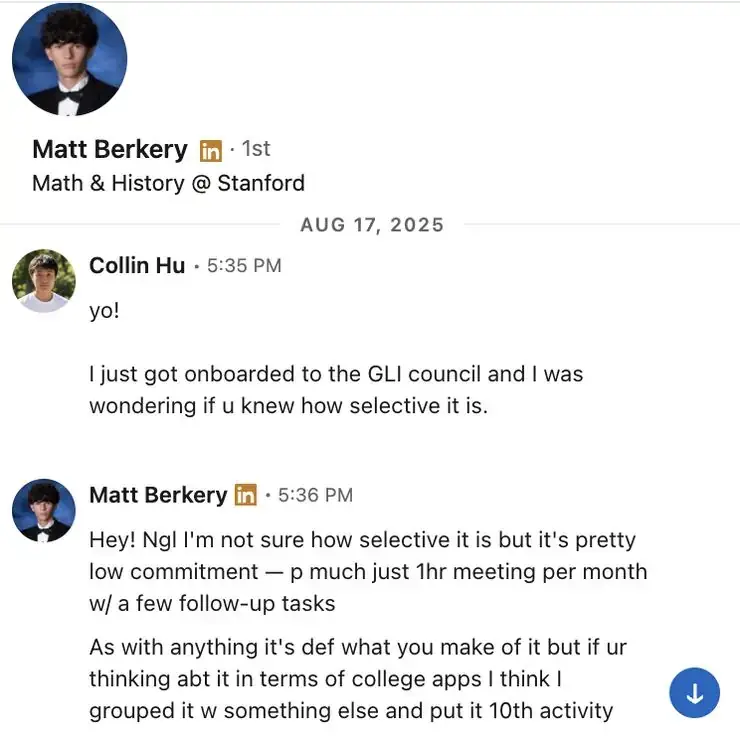 Collin networking with a Stanford student on LinkedIn