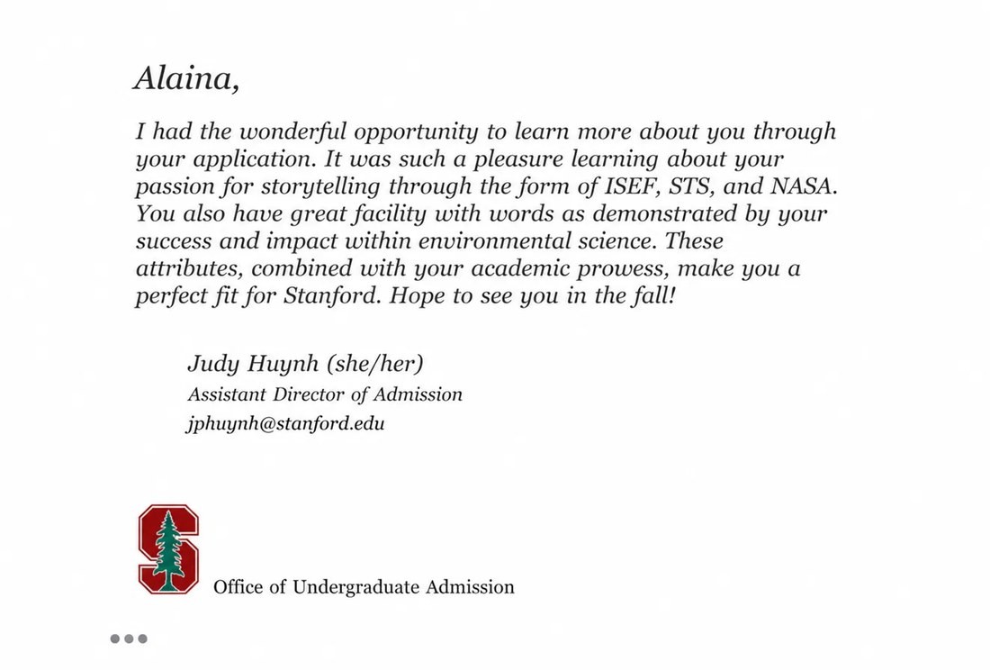 Alaina’s note from Stanford admission officer Judy Huynh, including the Stanford logo and Office of Undergraduate Admission