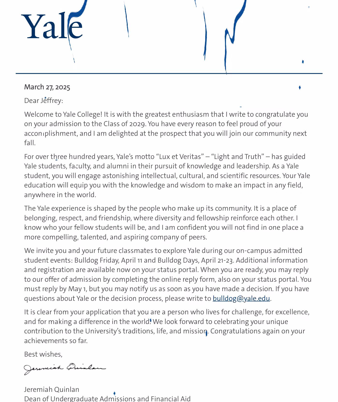 Jeffrey’s Yale University admission letter · Class of 2029