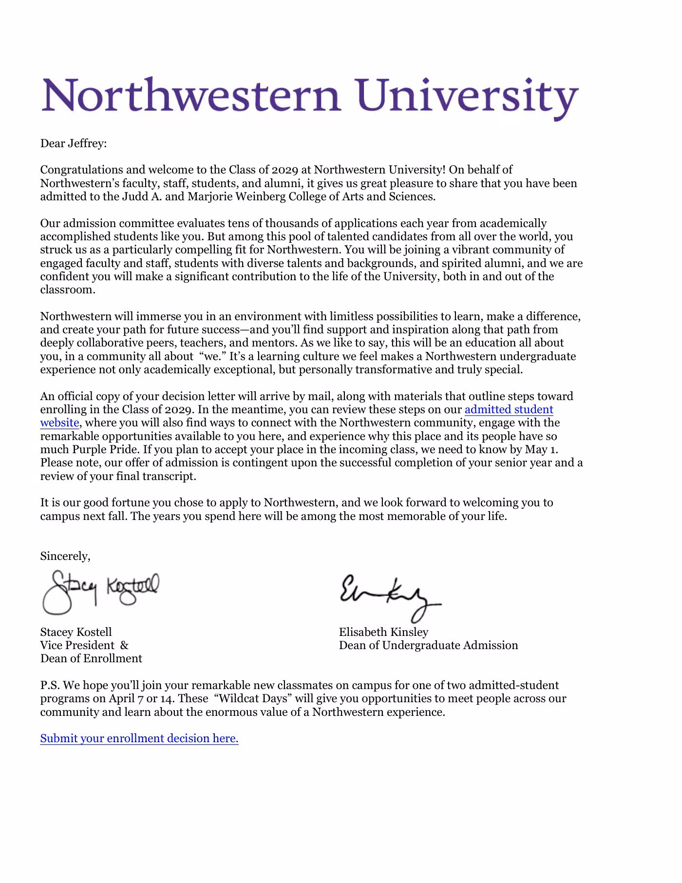 Jeffrey’s Northwestern University admission letter · Class of 2029
